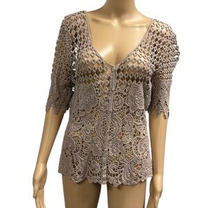 Questions by Say What Tan Crochet Knit Gem Button Down Half Sleeve Top Womens S